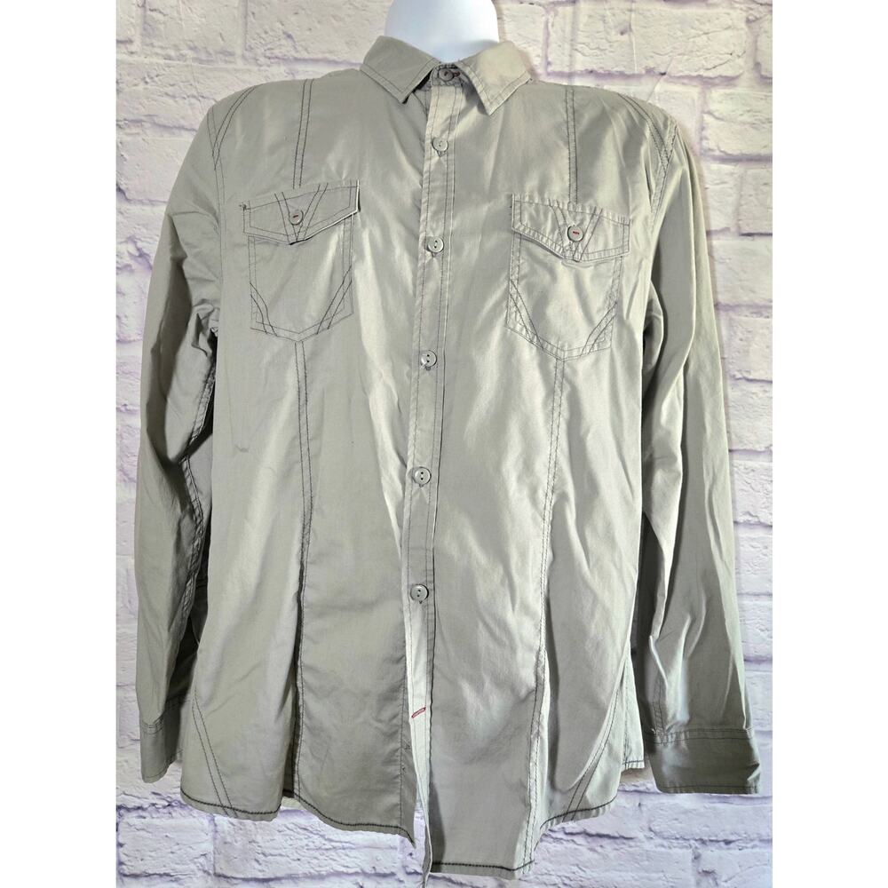 Tranquility Mayhem Gray Button Up Roll Tab Long Sleeves Men's Shirt Medium